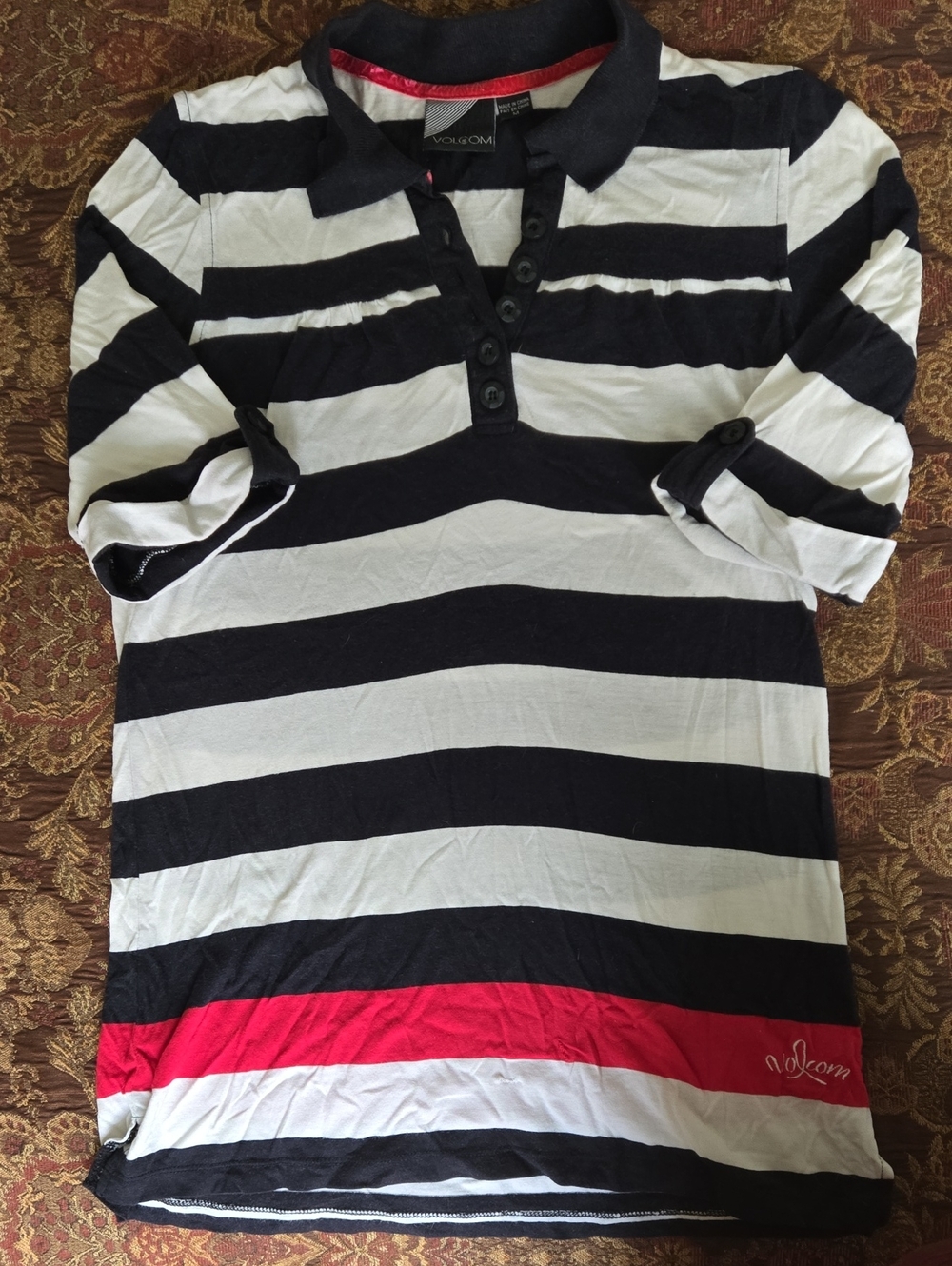Volcom Limited Edition Women's Black & White Striped Polo Red Band 3/4 Sleeve